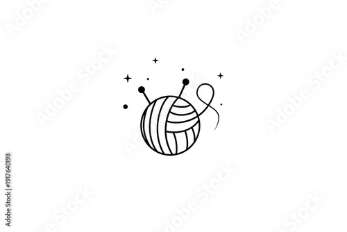 knitted yarn ball logo decorated with stars in a line art design style