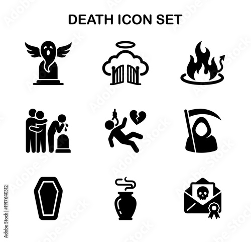 Solid Style Detailed Death and Grief Concept Icon Illustration Set