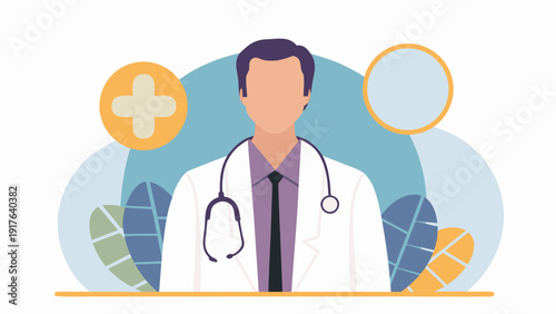 Friendly general physician standing in front of medical symbols and colorful shapes wearing a white lab coat and stethoscope