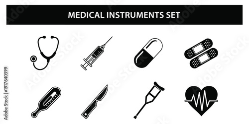 Medical instruments set displayed on a clean white background