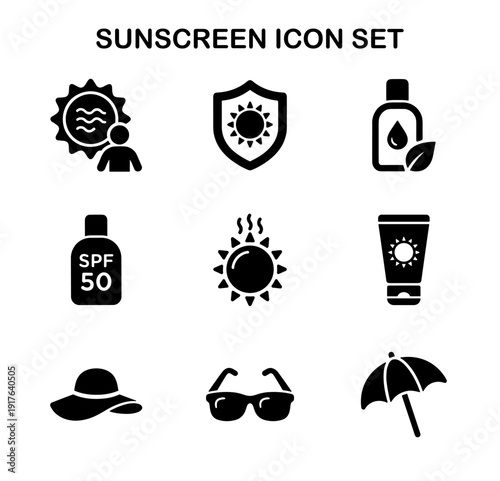 Minimalist Glyph Style Summer Sunscreen Protection Pictogram Icon Set