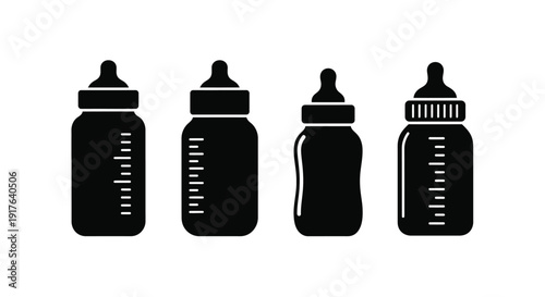 Four baby bottles arranged in a row black silhouette