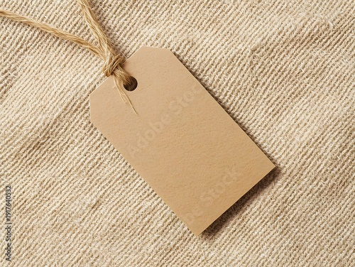  Blank Natural Kraft Price Tag with Twine on Beige Organic Fabric Texture Background