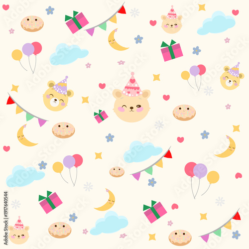 Cute Kids Eid Mubarak Seamless Pattern with Teddy Bear, Balloons and Gifts