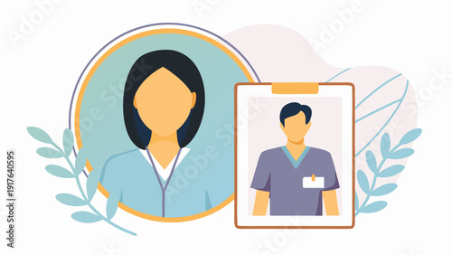 Stylized flat vector portrait of a female and male registered nurse with id badge on clipboard healthcare concept