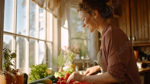 Woman preparing fresh vegetables in a sunny kitchen