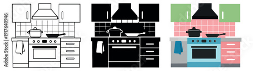 Flat design, line art and silhouette kitchen icon set featuring a stove, oven, and cabinets for home cooking and interior design