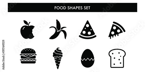 Set of black food icons on white background including fruits and desserts
