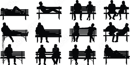 People sitting and lying on park benches silhouettes, men and women resting outdoors, social interaction, relaxation poses, isolated on white background