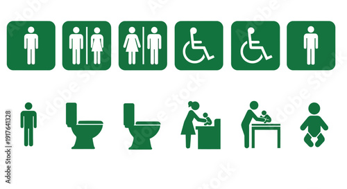 A comprehensive set of universal public restroom and baby changing station icons, depicting male, female, disabled access, and infant care facilities for clear signage