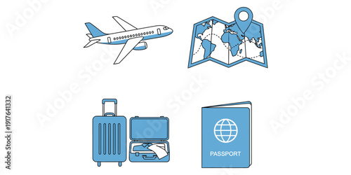 Travel preparation icons set with airplane, map, luggage, and passport