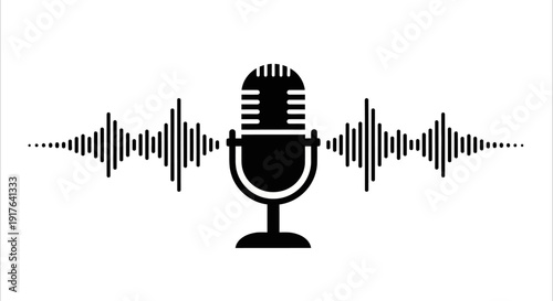 Audio wave on microphone icon symbolizing podcasting, broadcasting, and sound recording, vector art