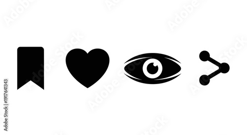 Social media icons for bookmarking, liking, viewing, and sharing content online with a clean and modern aesthetic