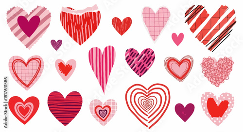 A collection of charming, hand-drawn heart illustrations in various styles and colors, perfect for romantic and celebratory designs