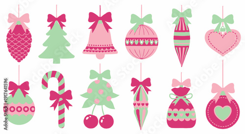 A collection of festive Christmas ornaments in various shapes and colors, including bells, hearts, candy canes, and cherries, perfect for holiday decoration