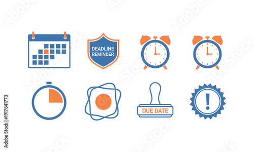 Deadline reminder icon set vector with calendar clock shield and stopwatch illustration art