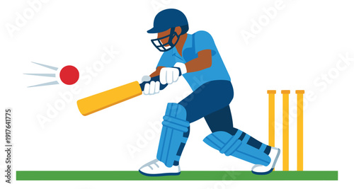 Flat design illustration of a cricket player depicting batting for sports