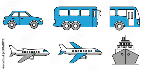Various Vehicles Including Car Bus Boat and Airplane in Simple Illustration Style