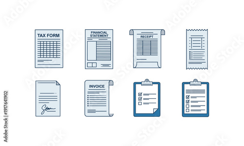 Financial document and checklist icon set in blue line art style vector illustration