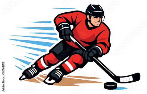 Dynamic graphic illustration of a hockey player depicting rapid skating and puck handling for sports competition