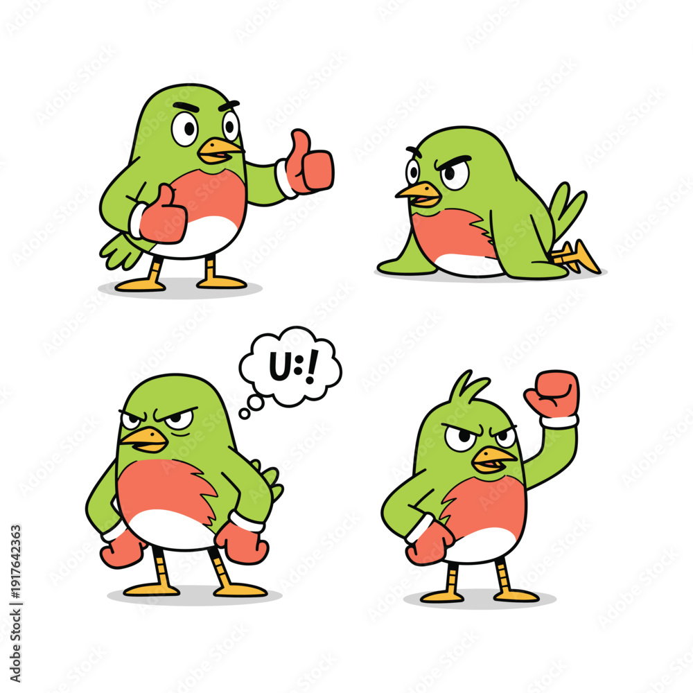 Fototapeta premium Cartoon bird character showing different emotions and gestures with boxing gloves