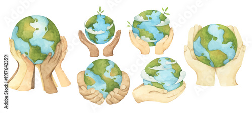 Hands holding earth watercolor illustration, earth in hands representing environmental science, conservation, environmentally friendly lifestyle, global ecology protection, clean safe healthy world.