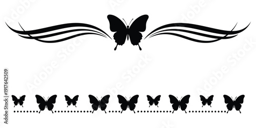 Butterflies flying in formation with flowing wings in a decorative illustration