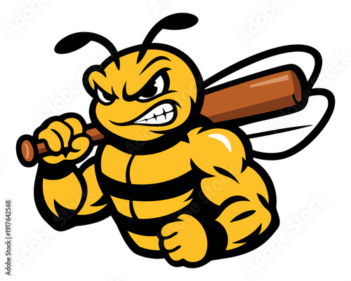 Cartoon illustration of a bee depicting an angry muscular mascot holding a baseball bat for a sports team emblem