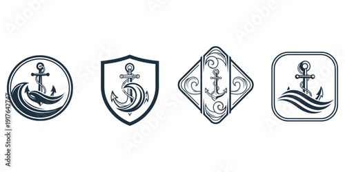 Set of nautical anchor symbols in various frames and shields