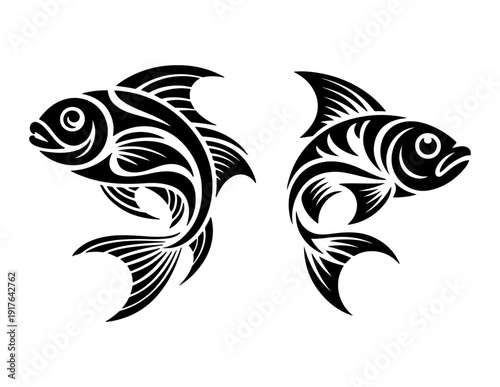 bold, stylized black and white illustrations of fish