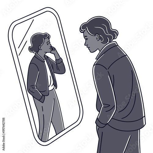 Man in dark suit looking at reflection in mirror with hand on chin