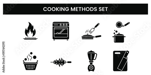 Cooking methods icons set displayed in a grid arrangement