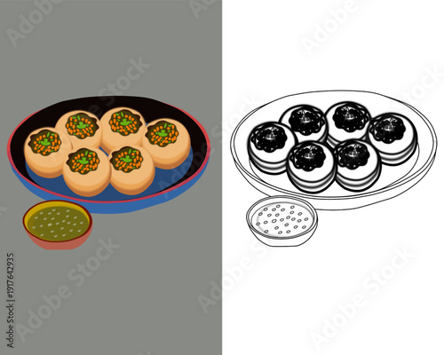 Panipuri Realistic and Outline Illustration Set on White Background. Indian Street Food Panipuri Realistic and Outline Vector Collection. ideal for food education, menu design, packaging