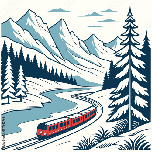 Red train traveling through snowy mountain landscape with river and pine trees