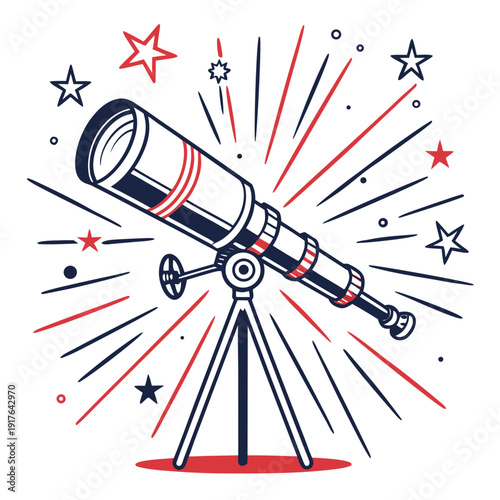 Red white and blue telescope on tripod with stars