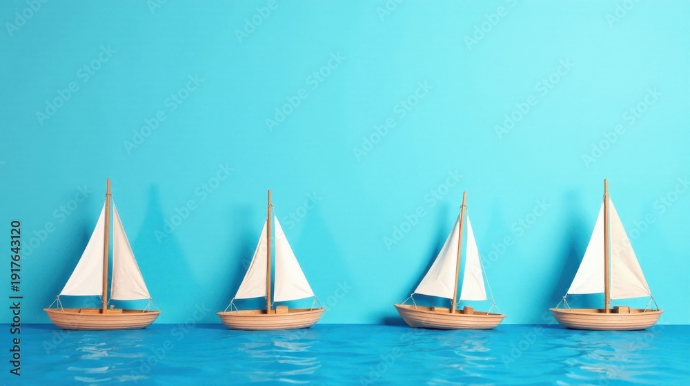 Fototapeta premium Four miniature sailboats afloat on a tranquil blue water surface against a vibrant backdrop