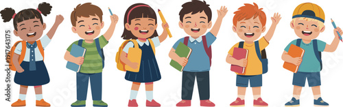 Happy diverse school children celebrating with books and pencils, smiling elementary students isolated on white background flat vector illustration