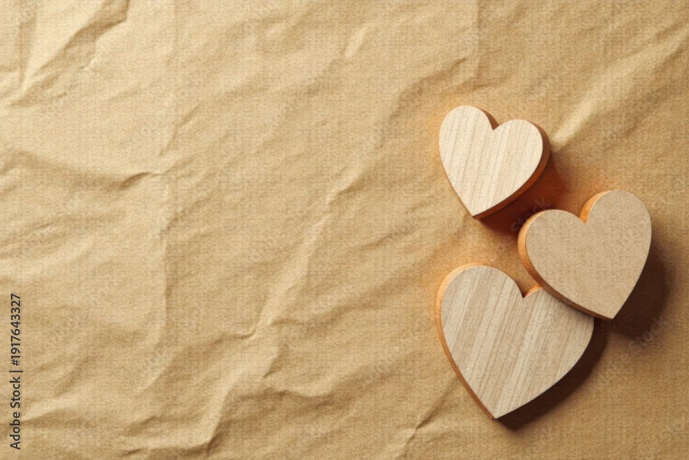 Fototapeta premium Three wooden hearts rest on crumpled paper background, signifying affection, romance, and love