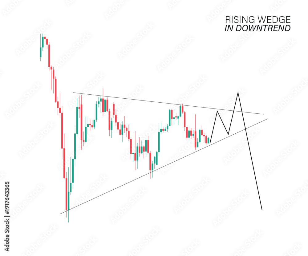 Obraz premium Rising wedge price action. Vector illustration of downtrend cost index for trading and investing on stock, crypto market. Risk management strategy image, detailed handbook, presentation, infographic