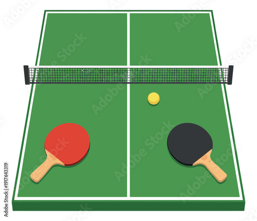 Flat design table tennis set featuring a green ping pong table, net, paddles, and a ball for sports and recreation