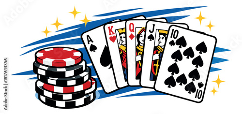 Bold line art illustration of poker royal flush and casino chips depicting a winning gambling scene for casino games and entertainment