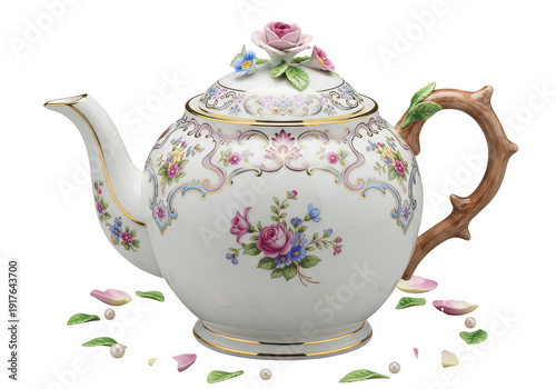 Elegant porcelain teapot with floral details and scattered petals on transparent background