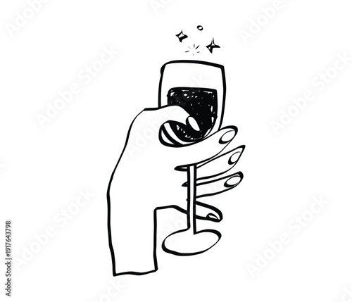 Hand drawn wine glass sketch with flowing lines and whimsical doodle style, perfect for restaurant menus, bar posters, or vintage party invitations and celebration designs. Vector illustration.