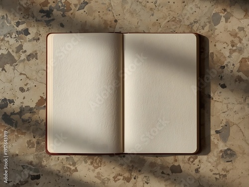  Open Blank Notebook Mockup on Terrazzo Stone Background with Warm Sunlight Shadow