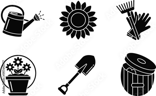 Gardening icons set with watering can sunflower rake shovel and compost bin vector illustration