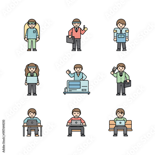 Diverse cartoon business people working with laptops and documents in various poses with copy space