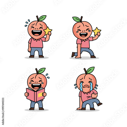 Cartoon peach character expressing different emotions with copy space