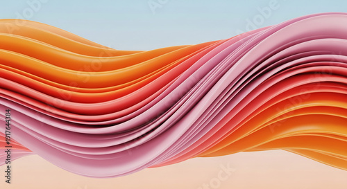 Abstract image of smooth, wavy, layered structure in shades of orange and pink against light blue, suggesting movement, flow, and softness in design
