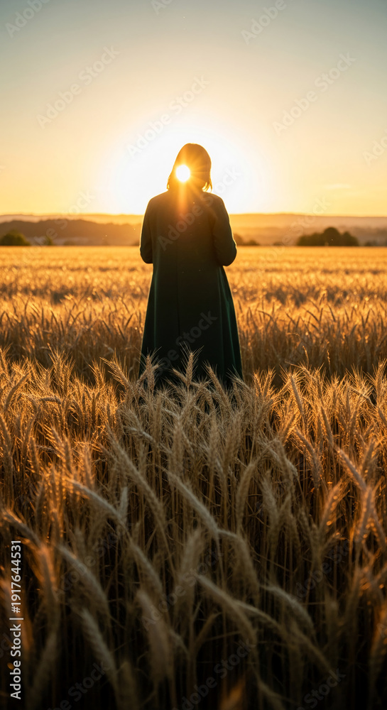 Fototapeta premium Back view of figure in coat in wheat field at sunset, sun behind the head. Symbolizes connection, peace, solitude, and nature's golden hour glow