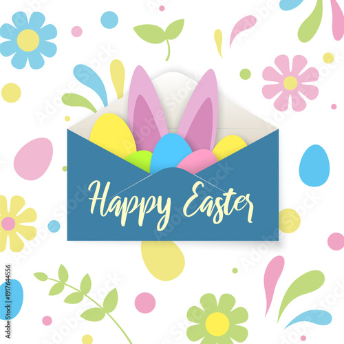 Happy Easter greeting card. Envelope with cute rabbit bunny ears, easter eggs. White background with colorful eggs, floral elements. Spring holiday concept. Invitation greeting banner design. Vector